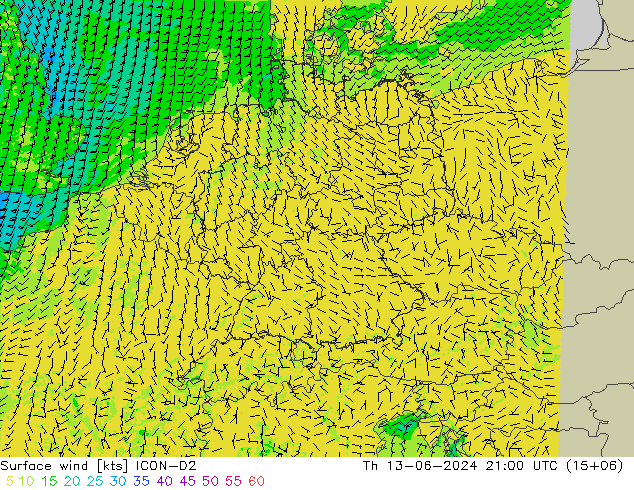 ветер 10 m ICON-D2 чт 13.06.2024 21 UTC