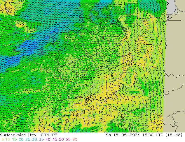 Rüzgar 10 m ICON-D2 Cts 15.06.2024 15 UTC