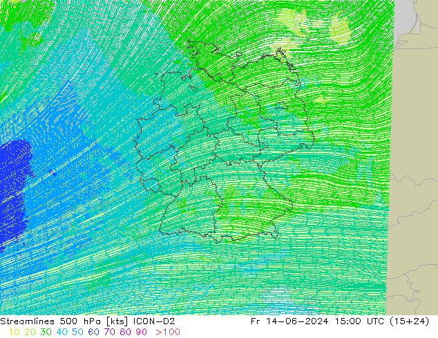 Streamlines 500 hPa ICON-D2 Pá 14.06.2024 15 UTC