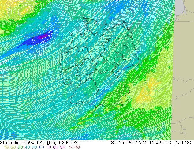 Streamlines 500 hPa ICON-D2 Sa 15.06.2024 15 UTC