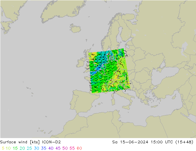 Surface wind ICON-D2 Sa 15.06.2024 15 UTC