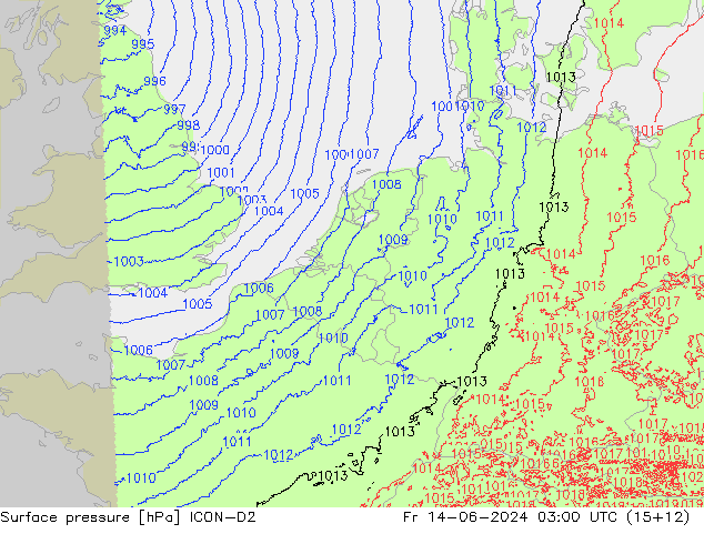 pression de l'air ICON-D2 ven 14.06.2024 03 UTC