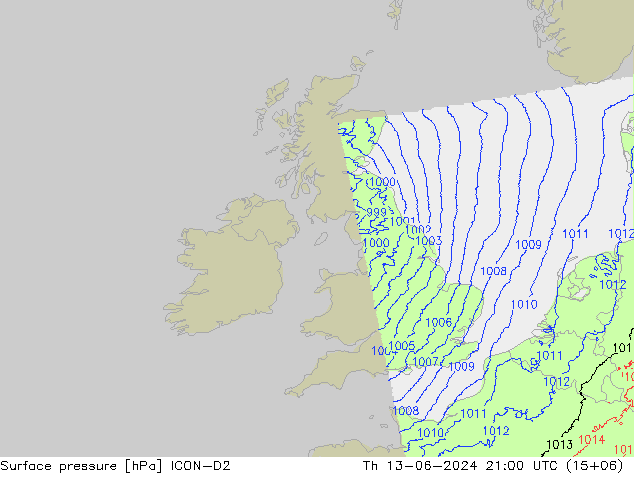 Pressione al suolo ICON-D2 gio 13.06.2024 21 UTC