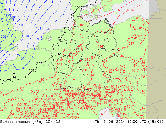 Atmosférický tlak ICON-D2 Čt 13.06.2024 19 UTC