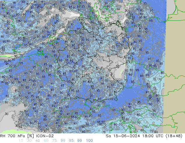 RH 700 hPa ICON-D2 Sa 15.06.2024 18 UTC