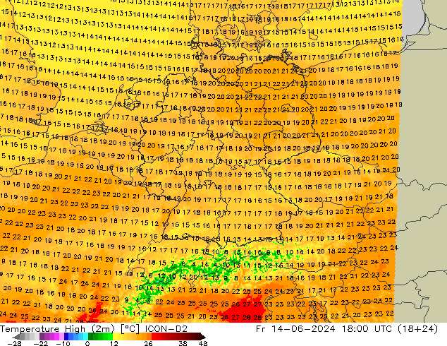 Max.temperatuur (2m) ICON-D2 vr 14.06.2024 18 UTC