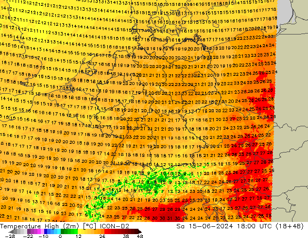 température 2m max ICON-D2 sam 15.06.2024 18 UTC