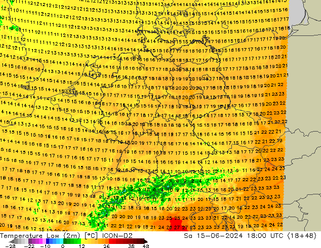 Temperature Low (2m) ICON-D2 Sa 15.06.2024 18 UTC