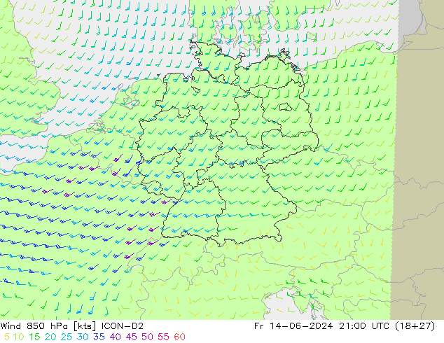 Vento 850 hPa ICON-D2 Sex 14.06.2024 21 UTC