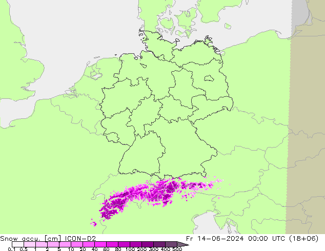 Snow accu. ICON-D2 Fr 14.06.2024 00 UTC