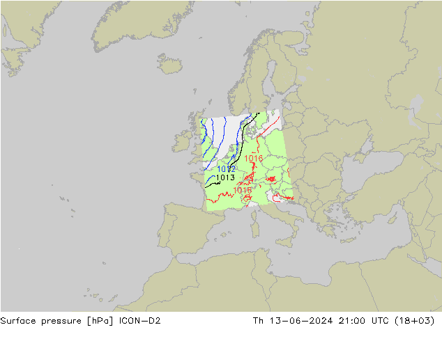 Surface pressure ICON-D2 Th 13.06.2024 21 UTC