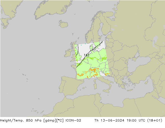 Height/Temp. 850 hPa ICON-D2 Do 13.06.2024 19 UTC