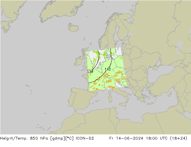 Height/Temp. 850 hPa ICON-D2 Pá 14.06.2024 18 UTC
