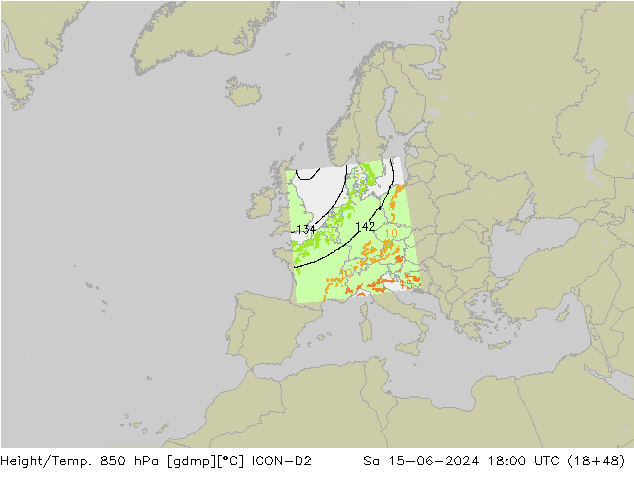 Height/Temp. 850 hPa ICON-D2 Sa 15.06.2024 18 UTC