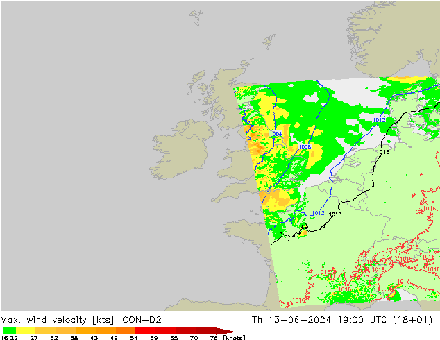 Max. wind snelheid ICON-D2 do 13.06.2024 19 UTC