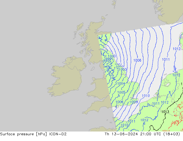 Atmosférický tlak ICON-D2 Čt 13.06.2024 21 UTC