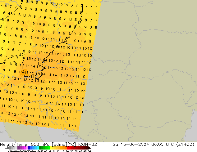 Yükseklik/Sıc. 850 hPa ICON-D2 Cts 15.06.2024 06 UTC