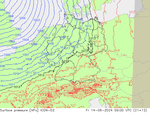 Luchtdruk (Grond) ICON-D2 vr 14.06.2024 09 UTC