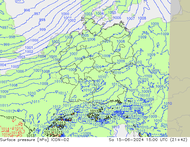 Presión superficial ICON-D2 sáb 15.06.2024 15 UTC