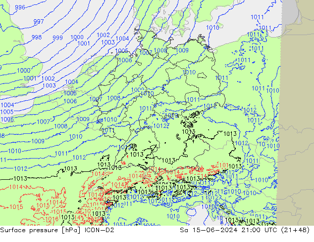 Surface pressure ICON-D2 Sa 15.06.2024 21 UTC