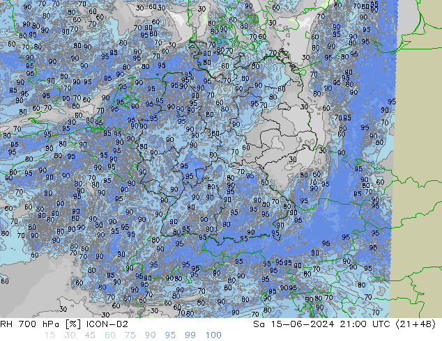 Humedad rel. 700hPa ICON-D2 sáb 15.06.2024 21 UTC