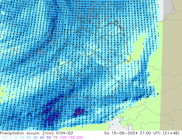 Précipitation accum. ICON-D2 sam 15.06.2024 21 UTC