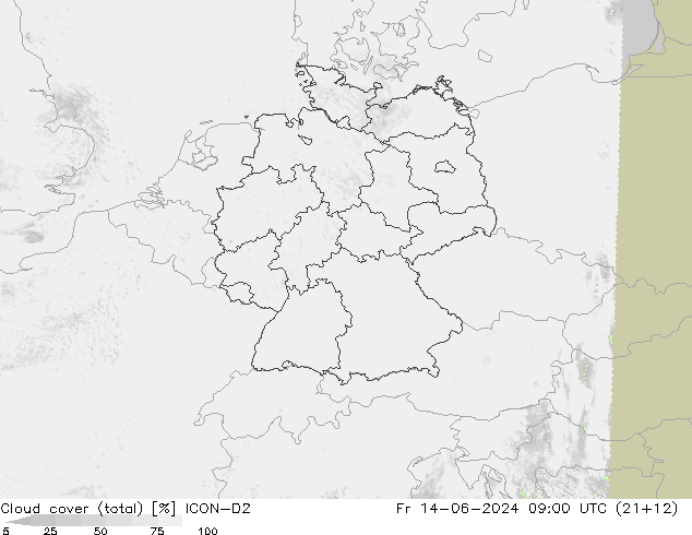 Cloud cover (total) ICON-D2 Fr 14.06.2024 09 UTC