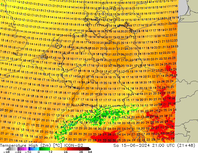 temperatura máx. (2m) ICON-D2 Sáb 15.06.2024 21 UTC