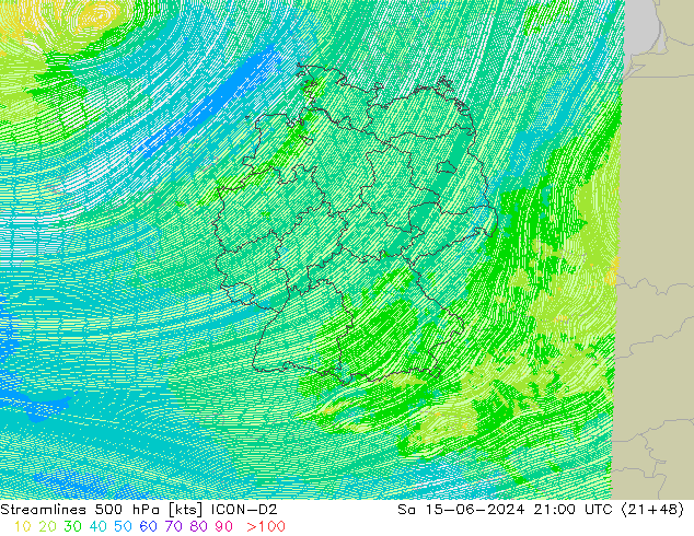 Ligne de courant 500 hPa ICON-D2 sam 15.06.2024 21 UTC