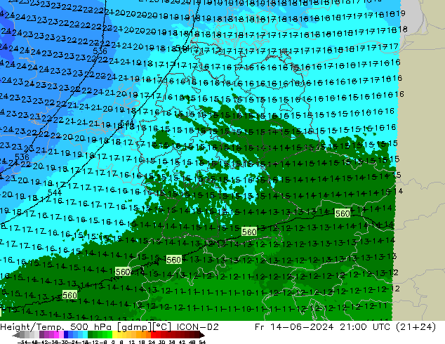 Height/Temp. 500 hPa ICON-D2 Fr 14.06.2024 21 UTC