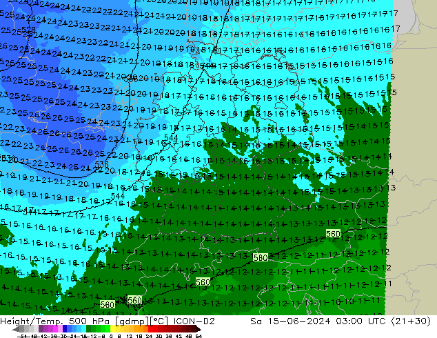 Height/Temp. 500 hPa ICON-D2 Sáb 15.06.2024 03 UTC