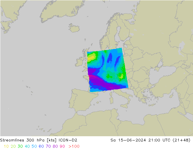 Linia prądu 300 hPa ICON-D2 so. 15.06.2024 21 UTC