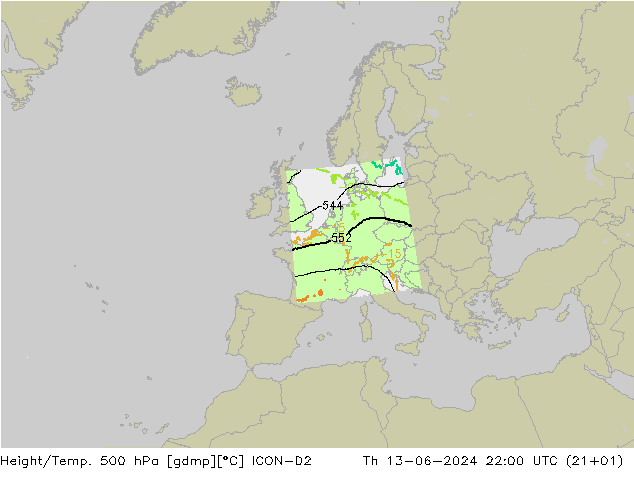 Height/Temp. 500 hPa ICON-D2 gio 13.06.2024 22 UTC