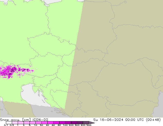 Snow accu. ICON-D2 Su 16.06.2024 00 UTC