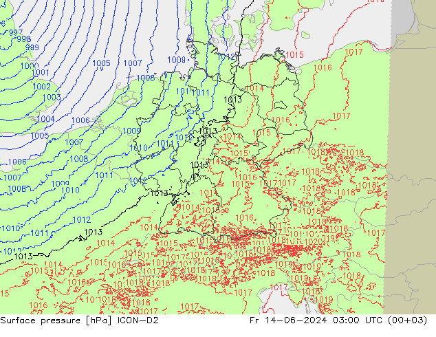 Atmosférický tlak ICON-D2 Pá 14.06.2024 03 UTC