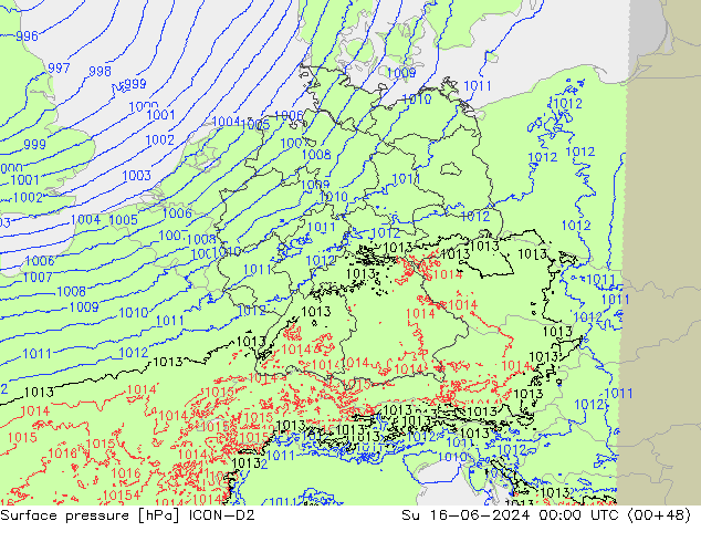 Luchtdruk (Grond) ICON-D2 zo 16.06.2024 00 UTC