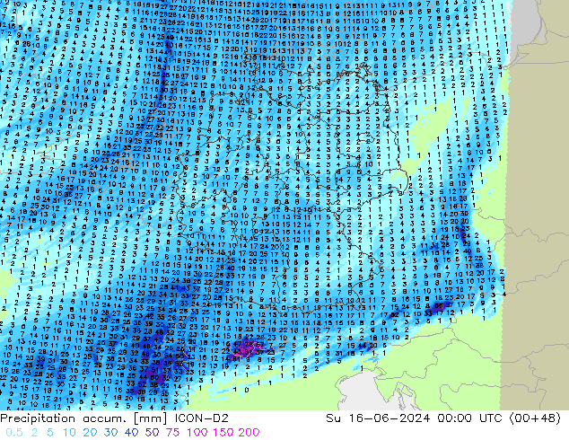 Precipitation accum. ICON-D2 Su 16.06.2024 00 UTC