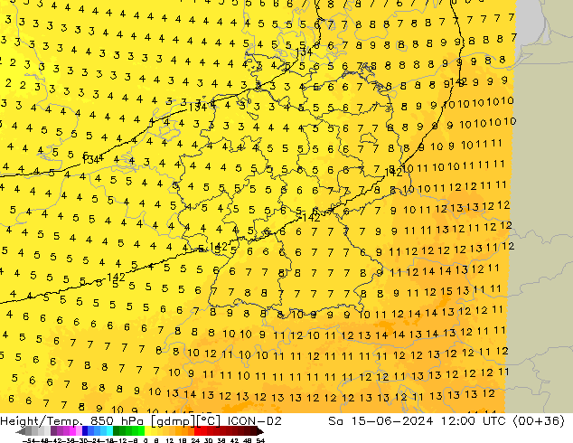 Height/Temp. 850 гПа ICON-D2 сб 15.06.2024 12 UTC