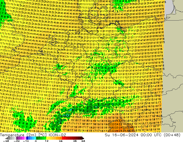 Temperatura (2m) ICON-D2 dom 16.06.2024 00 UTC