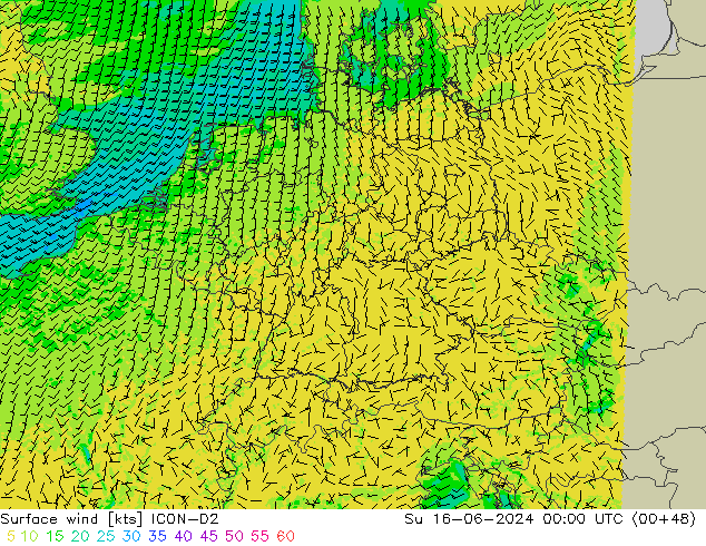 Vento 10 m ICON-D2 dom 16.06.2024 00 UTC