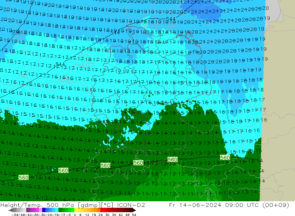 Height/Temp. 500 hPa ICON-D2 pt. 14.06.2024 09 UTC