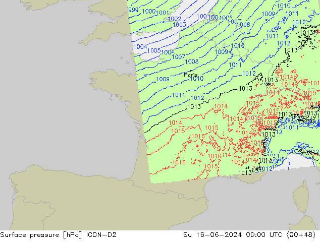 Presión superficial ICON-D2 dom 16.06.2024 00 UTC