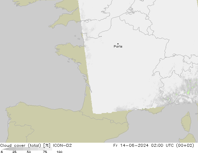 Cloud cover (total) ICON-D2 Fr 14.06.2024 02 UTC