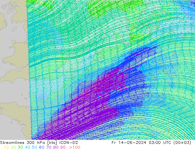 Linia prądu 300 hPa ICON-D2 pt. 14.06.2024 03 UTC