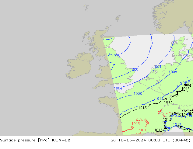 Surface pressure ICON-D2 Su 16.06.2024 00 UTC