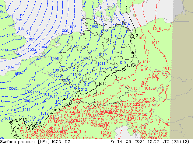 Surface pressure ICON-D2 Fr 14.06.2024 15 UTC