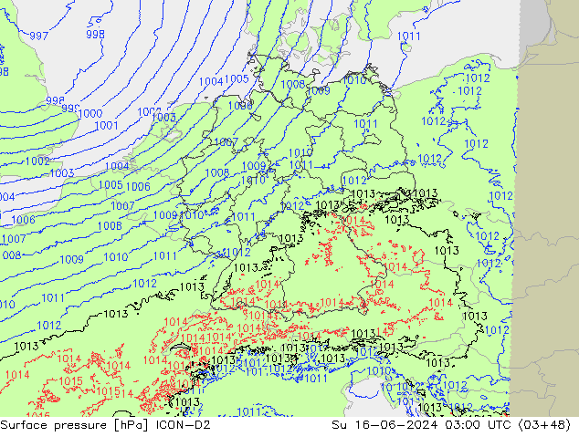 Surface pressure ICON-D2 Su 16.06.2024 03 UTC