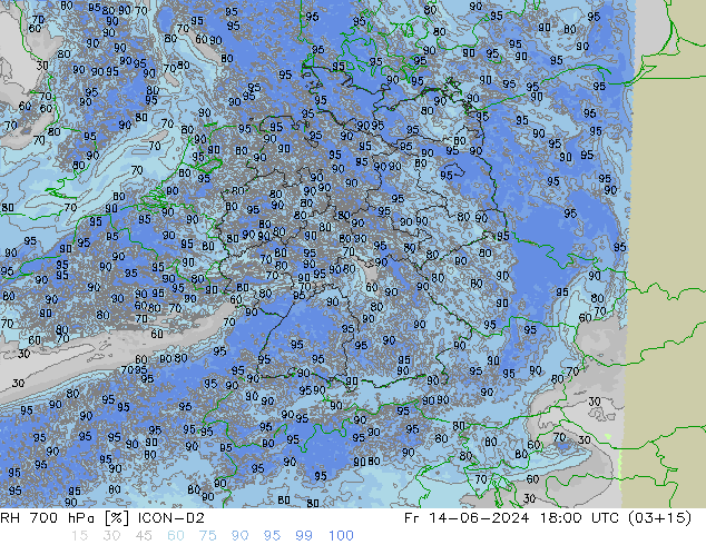 RH 700 hPa ICON-D2 Fr 14.06.2024 18 UTC