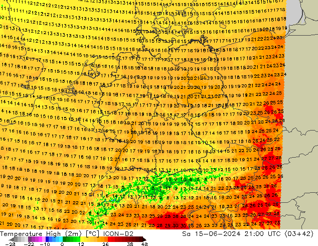 Temperature High (2m) ICON-D2 Sa 15.06.2024 21 UTC