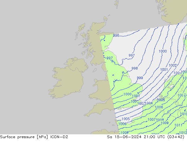 Surface pressure ICON-D2 Sa 15.06.2024 21 UTC